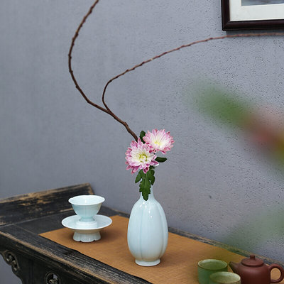 定制花瓶摆件茶盏客厅禅意复古仿宋瓜棱瓶中式创意茶席花器插花器