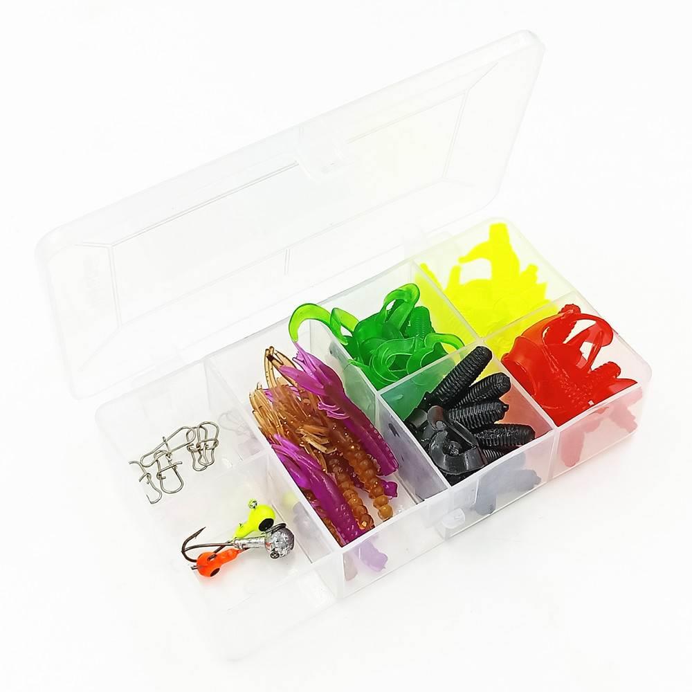 59件卷尾蛆软饵路亚套装 单双尾软虫草虾铅头钩快速别针拟饵组合