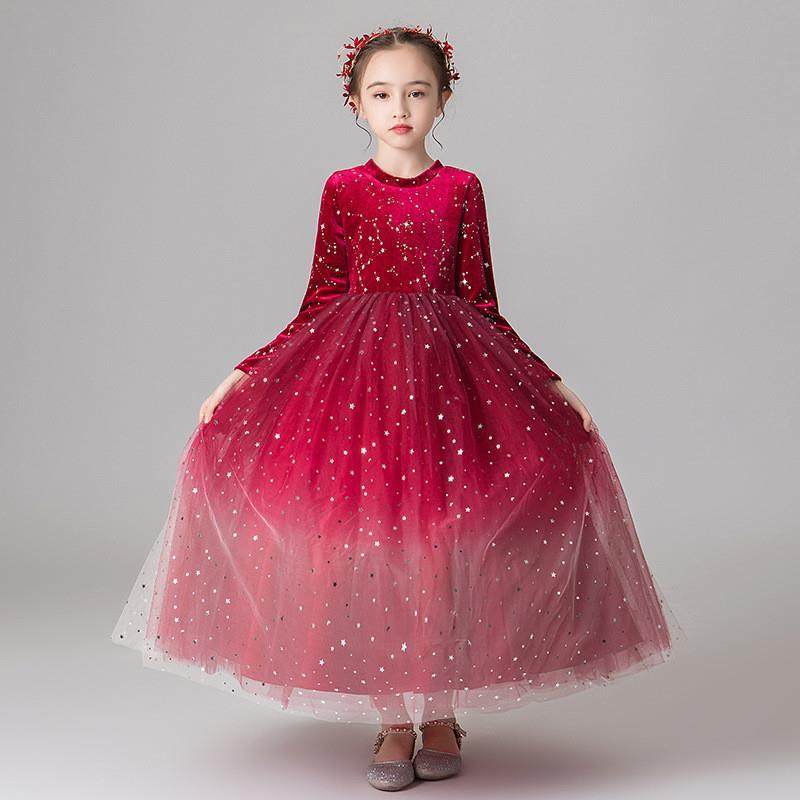 女童礼服公主裙秋冬新款高端丝绒星空蓬蓬纱连衣裙花童钢琴表演服