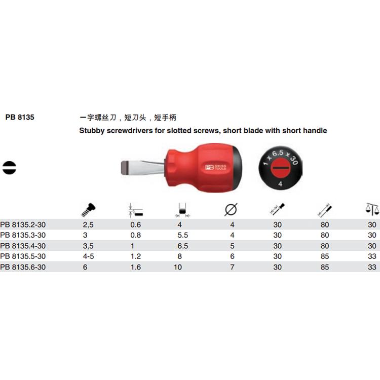 瑞士PB Swiss Tools PB 8135萝卜头双组份短柄一字螺丝批