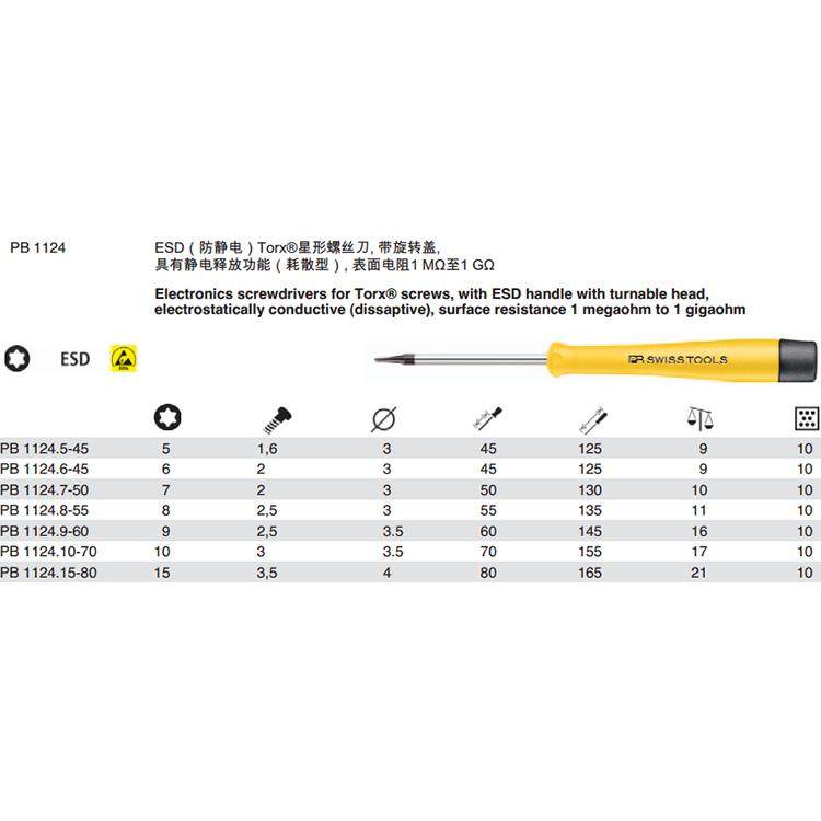 瑞士PB Swiss Tools PB 1124防静电精密星形六角梅花螺丝刀