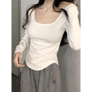 上衣 白色方领打底衫 女秋冬内搭大码 胖mm显瘦纯欲风短款 不规则长袖