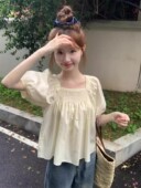 甜美短袖 小衫 衬衫 法式 女夏季 小个子宽松短款 设计感方领泡泡袖 上衣