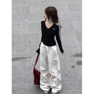 辣妹V领三条杠短款 收腰紧身纯棉内搭纯棉打底上衣 长袖 t恤女春秋季