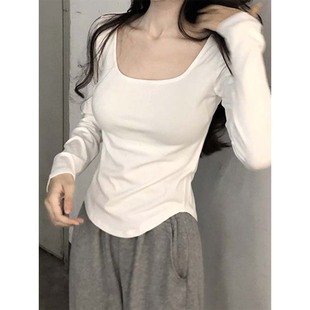 不规则长袖 白色方领打底衫 胖mm显瘦纯欲风短款 女秋季 上衣 内搭大码