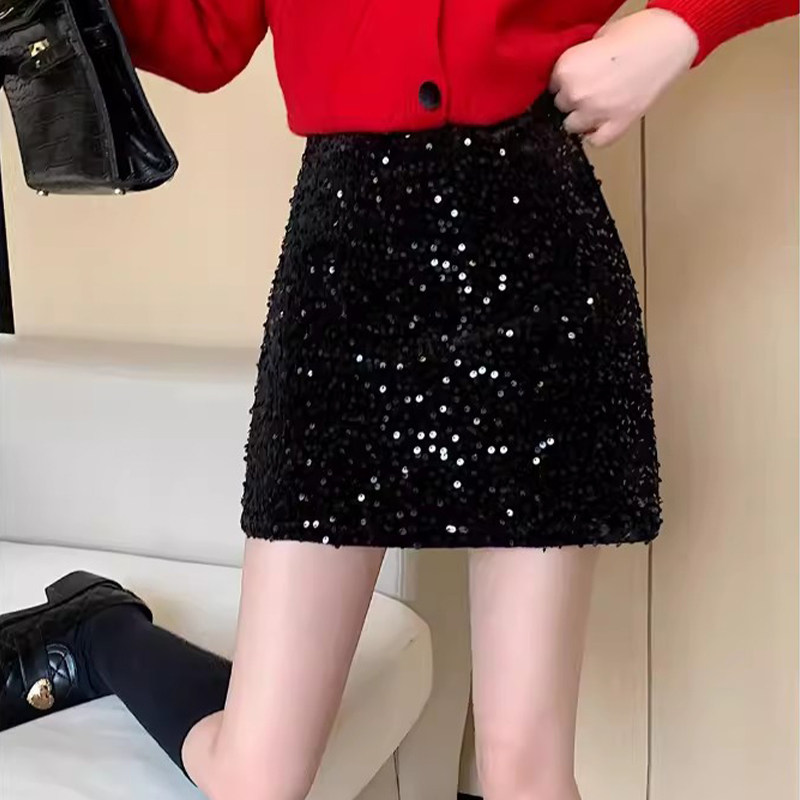 早春新款高级感亮片半身裙女夏季高腰显瘦黑色包臀裙绝美a字短裙,女装/女士精品,半身裙,淘宝优惠券,粉丝福利购,淘宝优惠卷