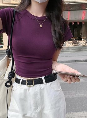 紫色正肩T恤女独特露脐小飞袖短上衣夏季小个子紧身美式辣妹短袖
