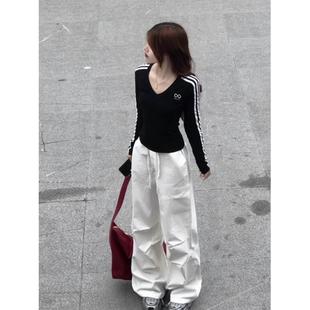 纯棉插肩v领收腰长袖 显瘦三条杠打底内搭上衣 t恤女秋大码 胖mm修身