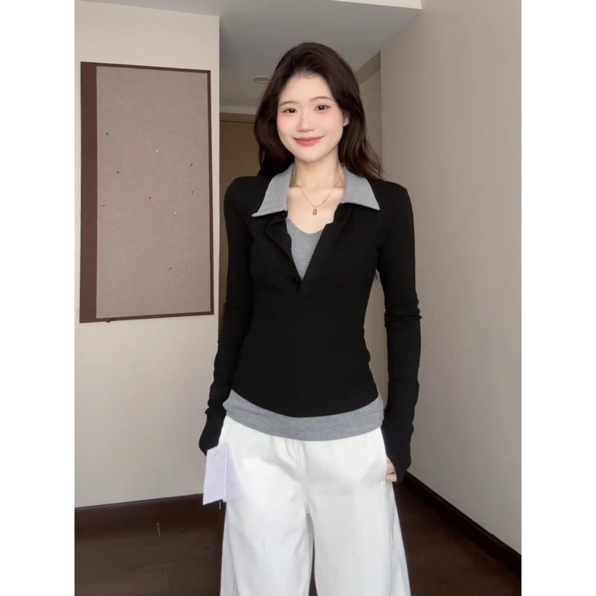 早秋设计感撞色假两件长袖T恤