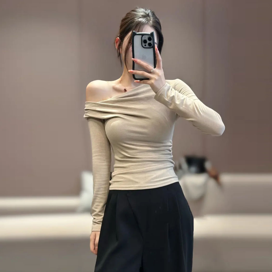 设计感荡领斜肩长袖T恤女早秋季