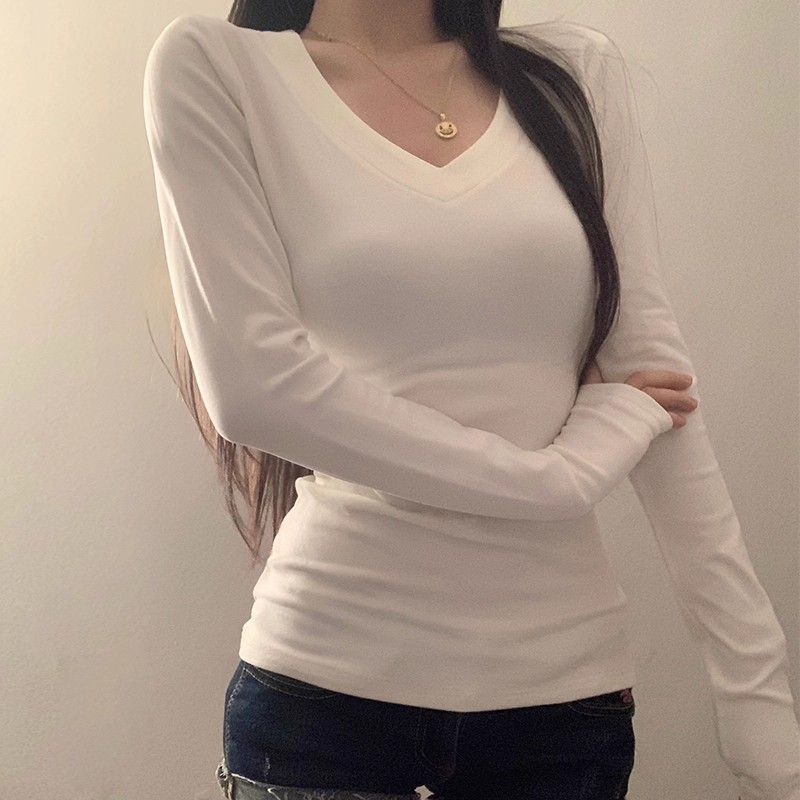 白色V领正肩长袖t恤女2025