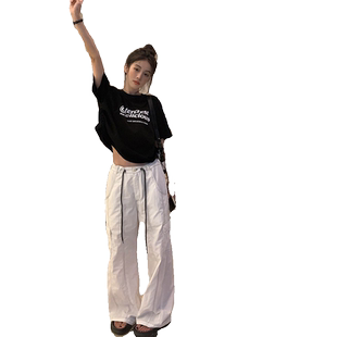 美式复古黑色圆领上衣韩系2026夏新款两侧抽绳绑带印花短袖T恤女