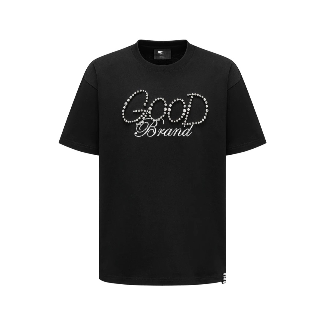 潮牌GOOD纯色银色钢珠珍珠logo轻奢时尚高级感短袖T恤男女同款