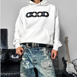 潮牌店Good 立体珍珠烫钻时尚宽松简约连帽长袖卫衣 男女同款