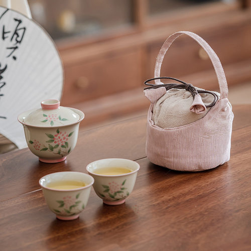 冰台手绘绣球花盖碗两杯旅行茶具公道杯提梁收纳袋茶事便携包