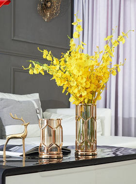 欧式轻奢金属玻璃高级感花瓶创意现代家居客厅高级摆件工艺品批发