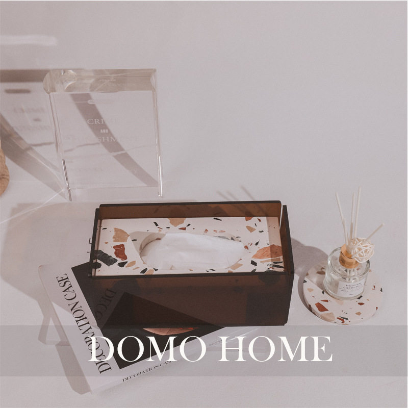 现代简约彩色水磨石桌面抽纸盒样板间摆件家用茶几透明纸巾盒装饰