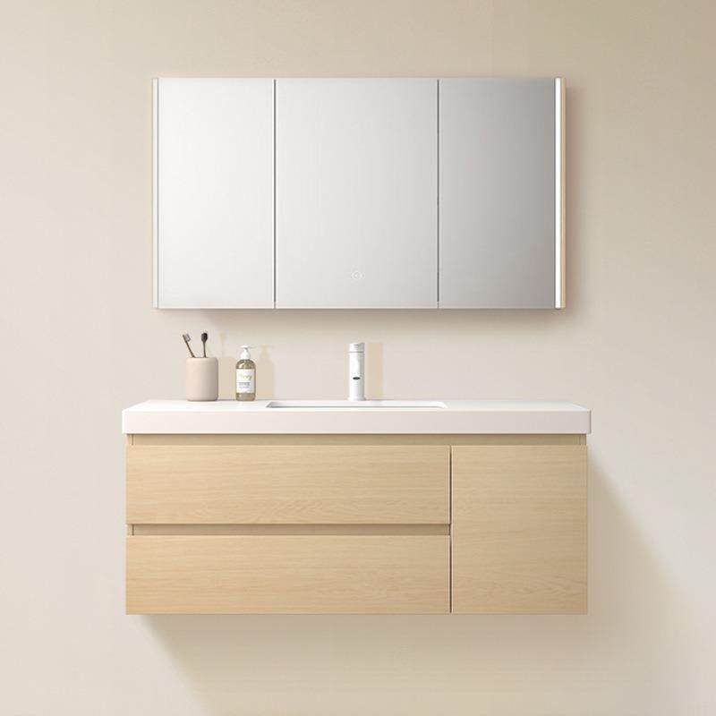 铝蜂窝浴室柜原木色柜体陶瓷一体盆组合原木色岩板无缝洗漱台浴柜