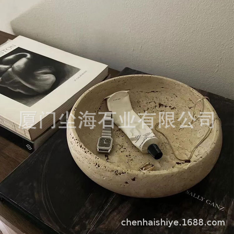 复古简约天然大理石洞石圆形托盘摆件家居桌面首饰收纳水果碗装饰