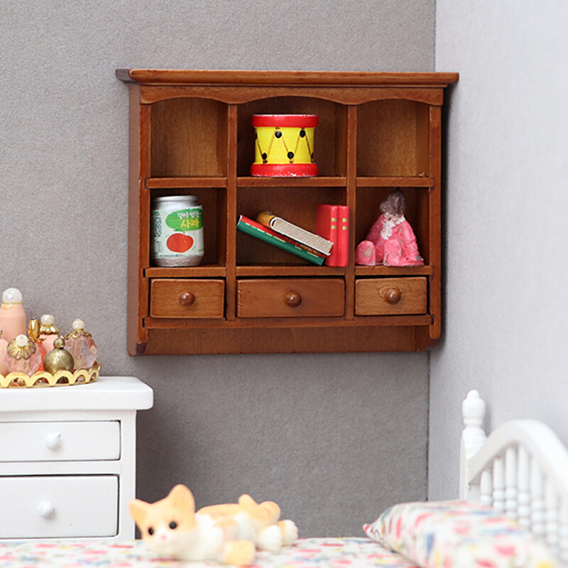 1:12娃娃屋dollhouse迷你家具ob11微缩食玩场景木质栗色柜子挂壁