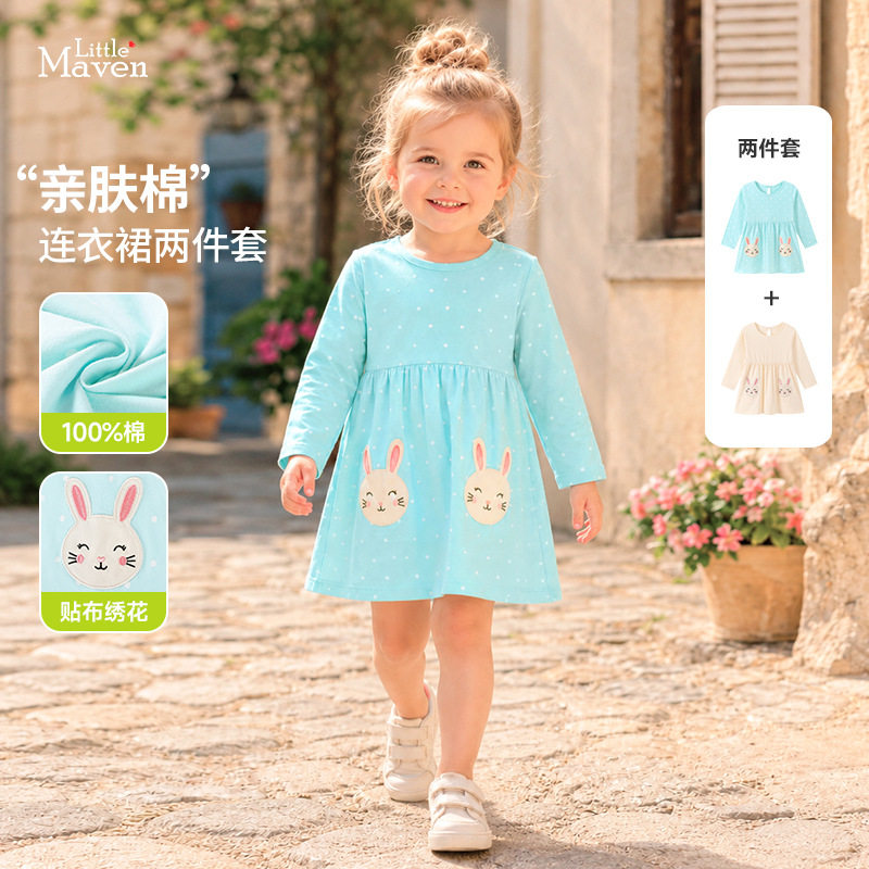 Little maven欧美风女童连衣裙卡通可爱小兔童裙秋季长袖儿童裙子