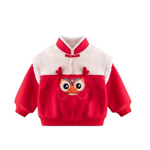 女宝裙子冬季加绒女童过年卫衣儿童龙年新年装小童拜年衣服