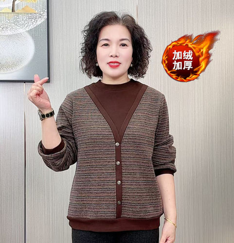 中老年妈妈装加厚条纹圆领上衣女秋冬新款洋气休闲百搭长袖打底衫