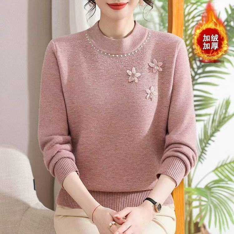 新款中老年女加绒半高领厚毛衣妈妈装立体花朵保暖洋气针织打底衫