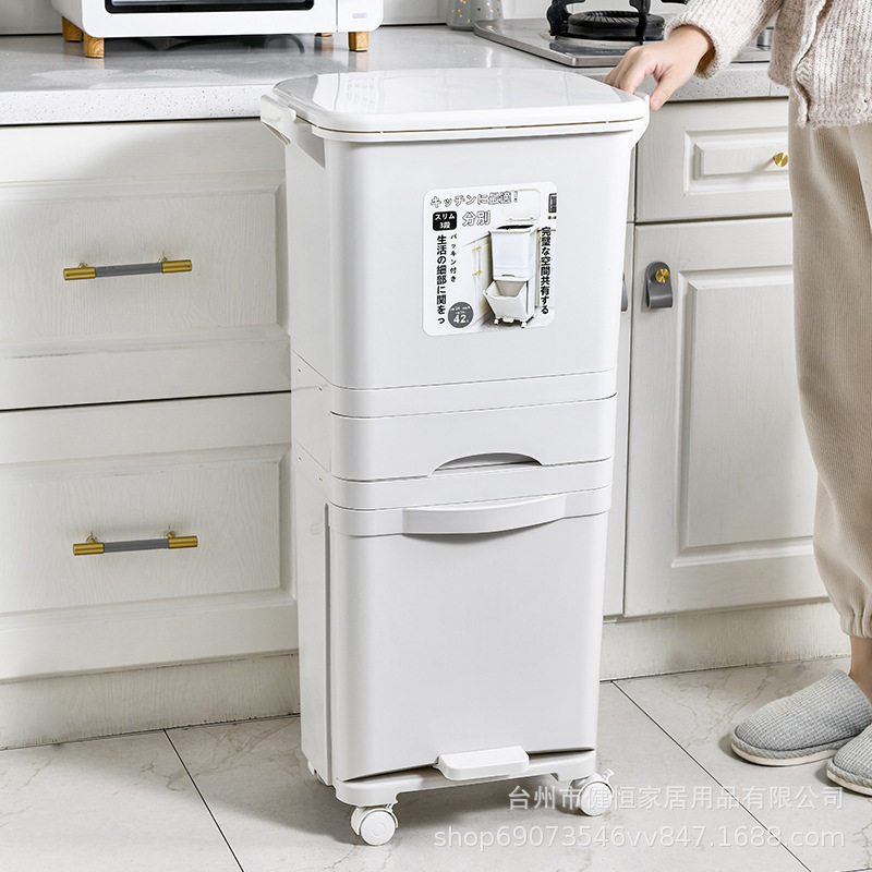 厨房垃圾桶家用带盖长方形新款大容量脚踏式双层厨余干湿分离分类