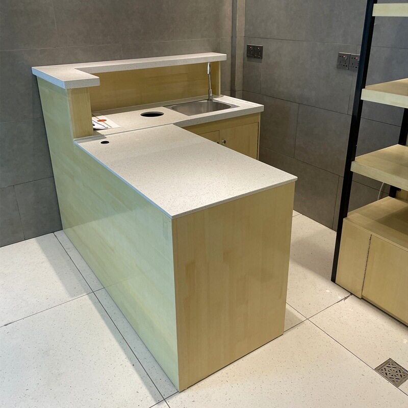 水果店洗切台木质理石面操作吧台装修布置展示落地工作台