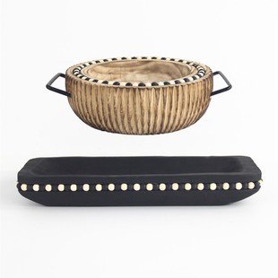 饰摆件 实木黑白托盘炭黑高果盘长盘桌面储Y物碗装 Wabi Sabi风格