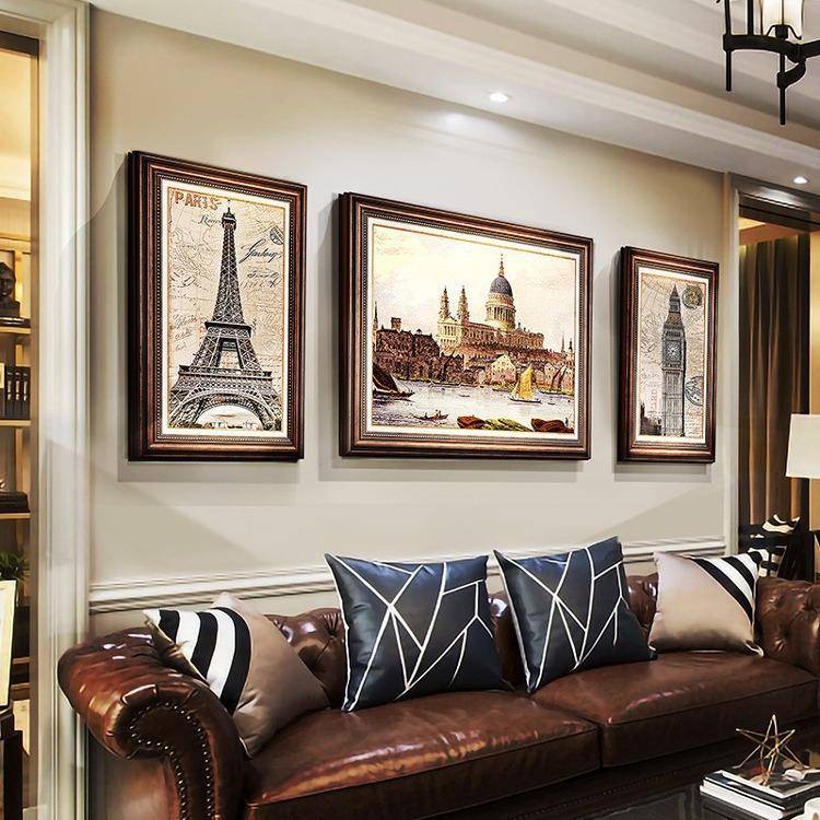 美式客厅装饰画沙发背景墙挂画复古名画油画欧式建筑壁画法式墙画