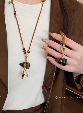 秋冬复古虎眼石葫芦毛衣链女