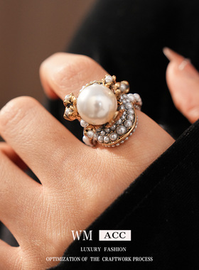 复古宫廷风小众珍珠花朵食指戒