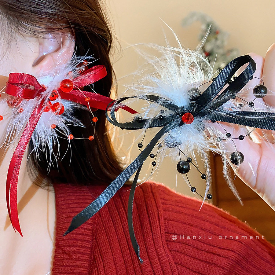 羽毛蝴蝶结耳钉女时尚甜美气质百搭耳环轻奢高级感耳饰设计感小众