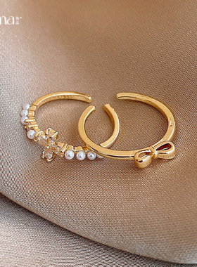 韩系轻奢锆石十字架珍珠开口戒指