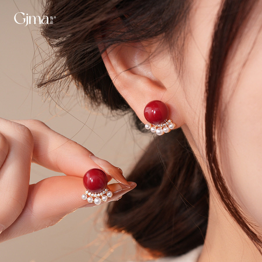 秋冬新款锆石树脂珍珠耳钉小众轻奢高级感耳环新年时尚红色耳环女,饰品/流行首饰/时尚饰品新,耳钉,淘宝优惠券,粉丝福利购,淘宝优惠卷