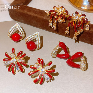 新年锆石红色烟花耳环轻奢高级感小众气质耳钉复古风独特绝美耳饰