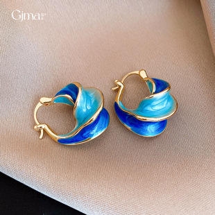 秋冬复古蓝色滴油扭曲耳扣简约时尚 通勤百搭耳环轻奢高级感耳饰女
