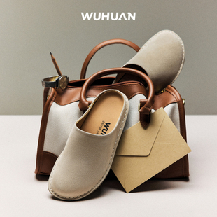 WUHUAN五环周末拖足弓支撑穆勒鞋真牛皮凉鞋外穿软底慵懒包头拖鞋