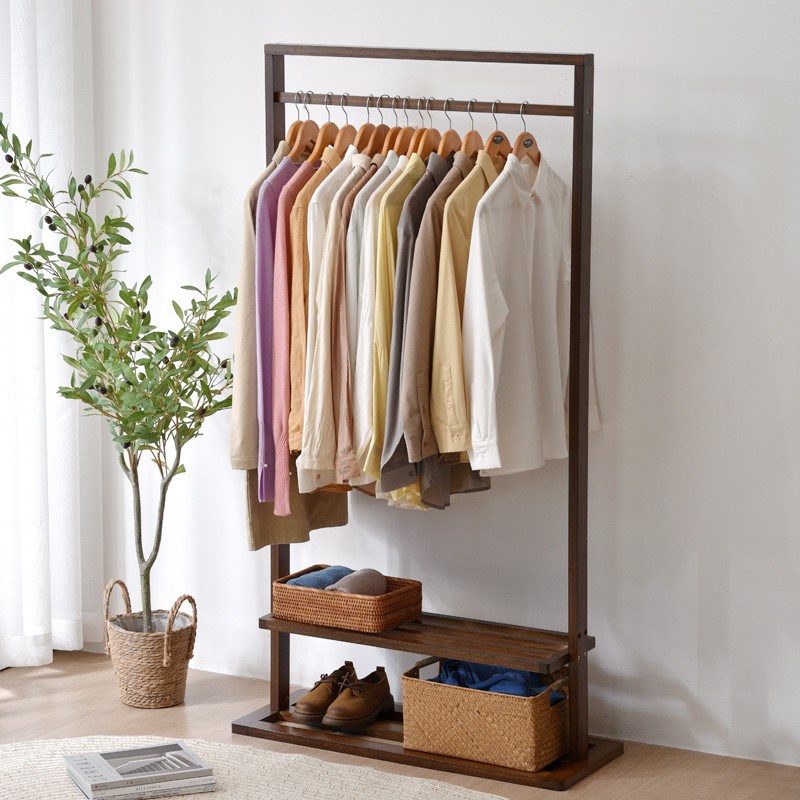 胡桃色北欧衣帽架落地地卧室家用挂D衣架简约现代衣服架新中式日