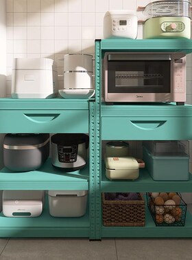 峰阳蓝色厨房置物架落地式加抽屉微波炉烤M箱架子锅架收纳神器m1