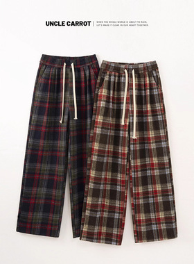 红色复古毛呢格子裤女秋冬加绒宽松直筒阔腿裤