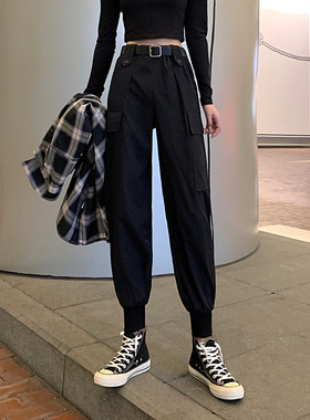 黑色宽松束脚工装裤女春秋新款百搭显瘦休闲裤