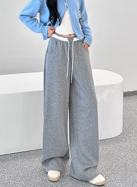 灰色阔腿休闲裤女2026春季新款高腰显瘦抽绳褶皱直筒裤