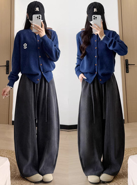 灰色灯芯绒加绒阔腿裤女秋冬大码高腰显瘦