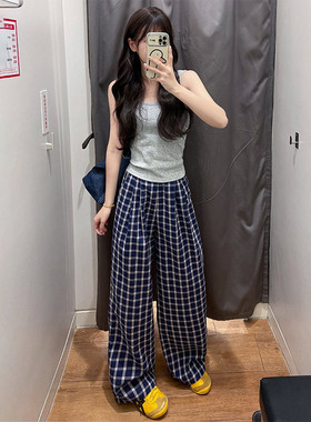 999   蓝色格子裤女春夏新款宽松直筒休闲阔腿裤