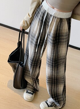 复古格子毛呢阔腿裤女秋冬高腰宽松显瘦直筒休闲裤