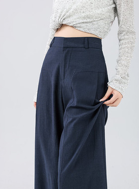 2025早秋新款藏青色亚麻西装裤女宽松显瘦高腰直筒阔腿裤