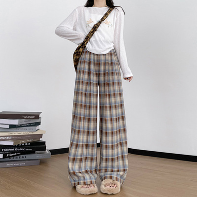 秋季慵懒风磨毛格子直筒裤女高腰宽松显瘦垂感休闲阔腿裤